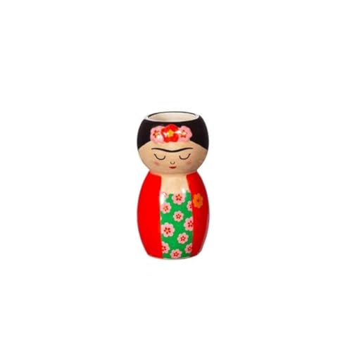 Small ceramic vase shaped like Frida Kahlo with a red dress and floral pattern.