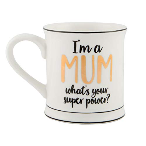 White mug with gold text reading "I'm a MUM what's your superpower?".