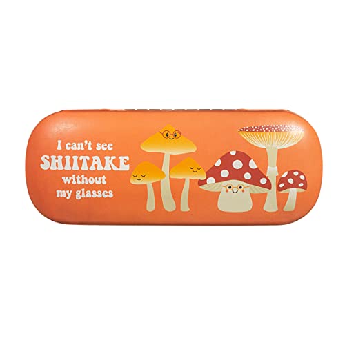 Orange glasses case featuring cartoon mushrooms and the text I can't see SHIITAKE without my glasses.