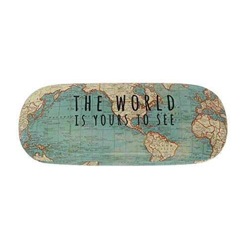 Glasses case with a vintage world map and text overlay.