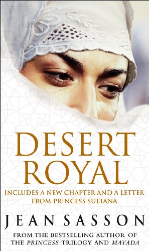 Book cover: woman in headscarf, gold title "Desert Royal" and author name.