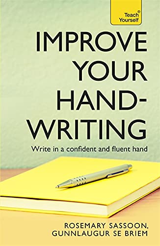 Book cover titled Improve Your Handwriting with a pen resting on a yellow notebook.