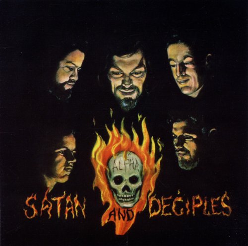Painted album cover featuring five men and a flaming skull.