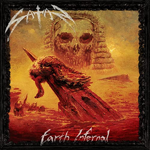 Skull and dagger illustration on the album cover for "Satan - Earth Infernal.