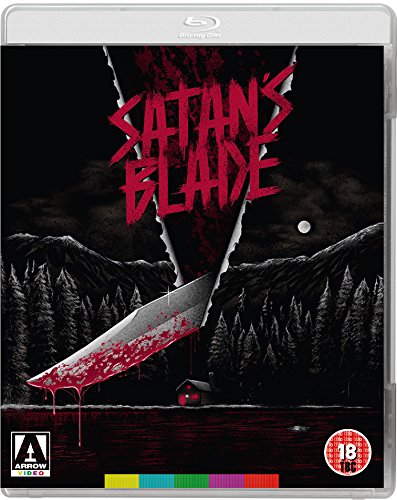 "Blu-ray case with 'Satan's Blade' cover art, featuring a bloody knife and forest scene."