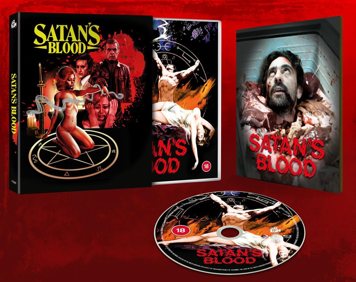 Satan's Blood" Blu-ray case with disturbing imagery of a woman and demonic symbols.