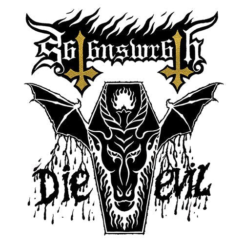 "Album cover with coffin, bat wings, and 'Die Evil' text, on white background."