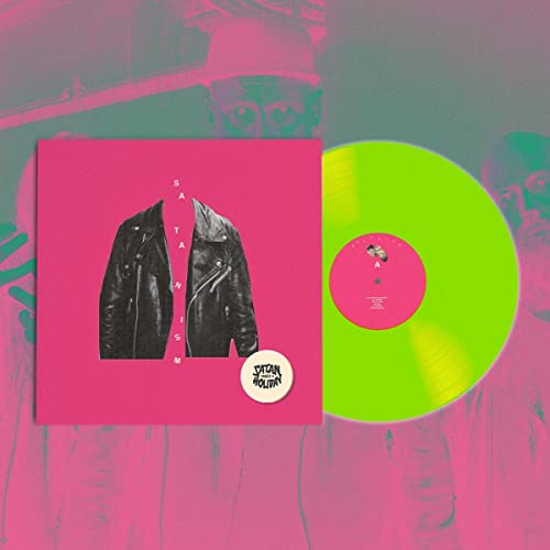 Pink album cover with a black leather jacket and a green vinyl record.