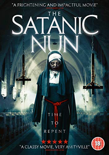 A nun with glowing white eyes stands in a church with inverted hanging crosses.