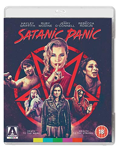 Satanic Panic" Blu-ray cover featuring cast members within a pentagram design.