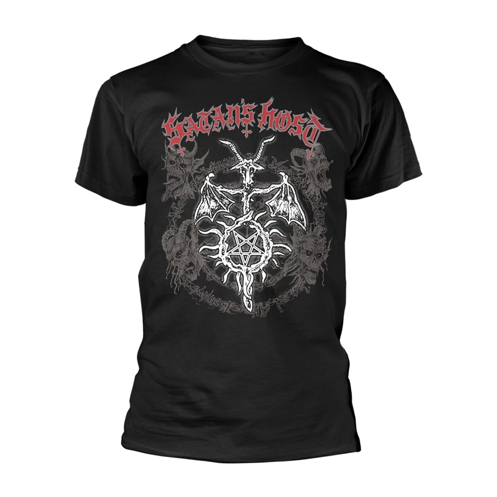 Black t-shirt with a detailed, red and white demonic graphic print.