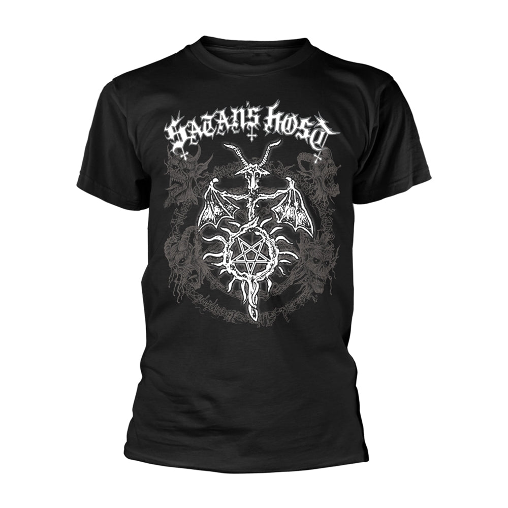 Black t-shirt with white gothic lettering and a pentagram design.