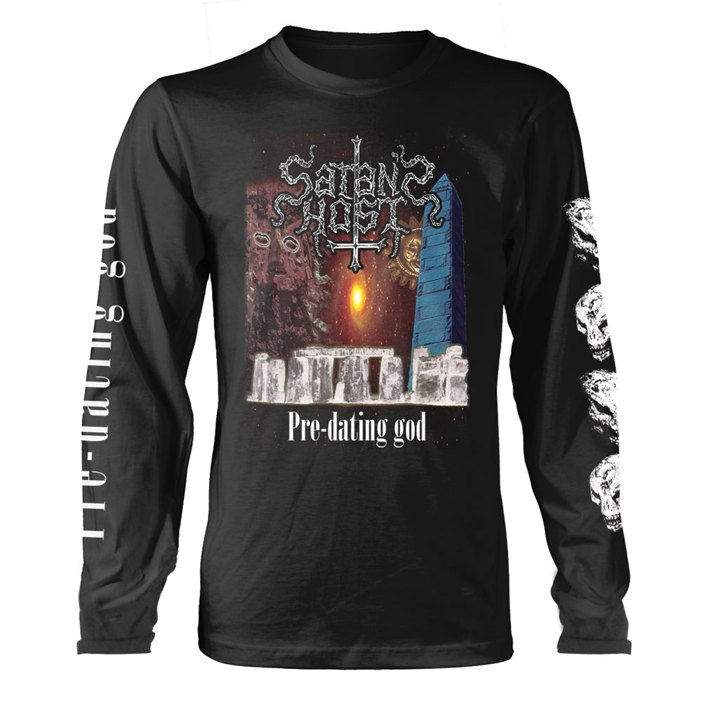 Black long-sleeve shirt with gothic text and building imagery.