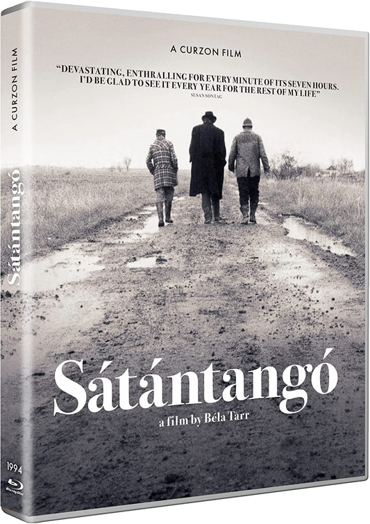 "Sátántangó Blu-ray case with a black and white image of three men walking."