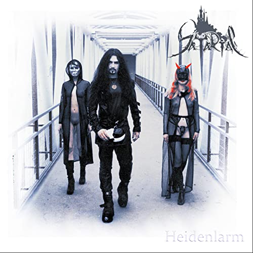 Three figures in dark clothing stand on a long, white bridge.