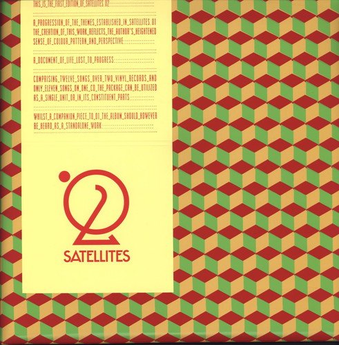 Vinyl record cover for “Satellites 02” with geometric pattern and circular logo.