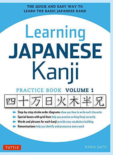 Book cover: "Learning Japanese Kanji" with example characters and blue background.