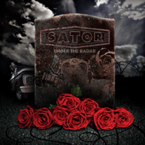 "CD cover with a tombstone, red roses, and a car in a dark background."