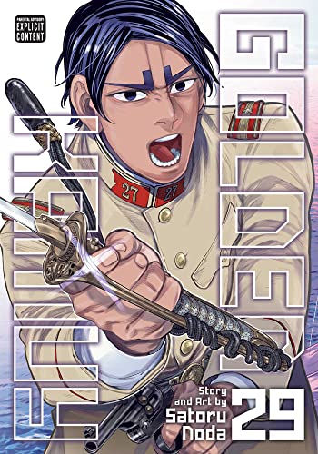 Manga cover featuring a shouting soldier in uniform holding a sword, Golden Kamuy 29.