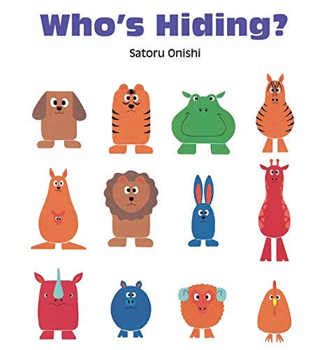 Book cover titled Who's Hiding? featuring illustrations of eleven colorful, stylized cartoon animals.