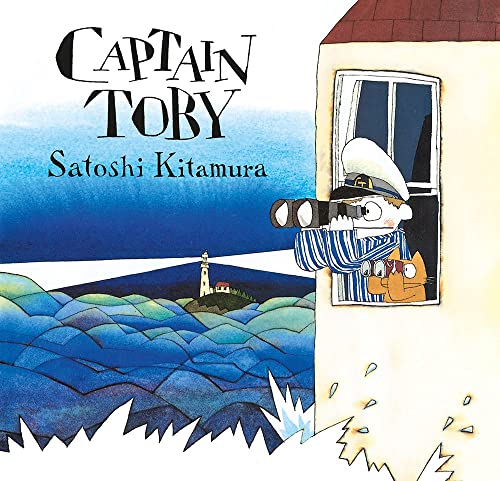 A boy and a cat look through binoculars from a window overlooking the sea.