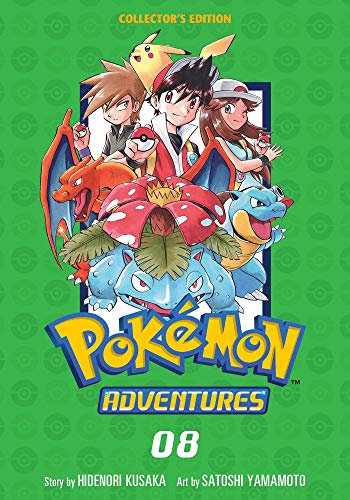 Pokémon Adventures Volume 8 cover with characters and Pokémon illustrations.