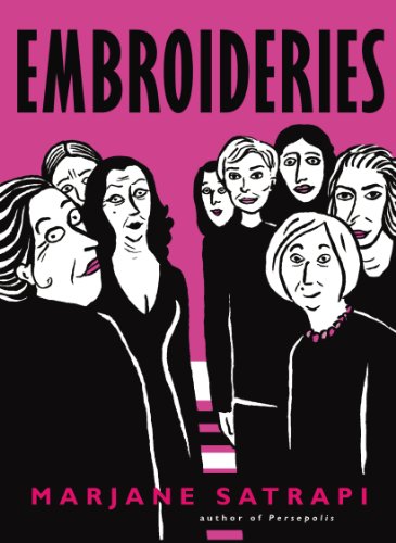 Book cover of Embroideries by Marjane Satrapi featuring black and white illustrations of women.
