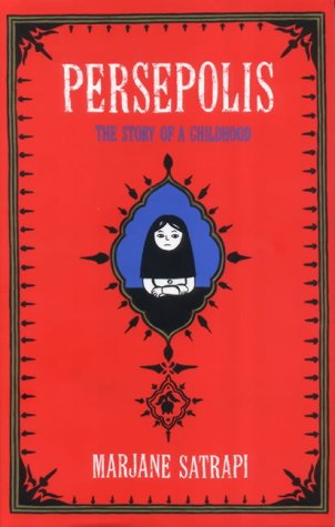 "Red book cover with a cartoon girl in a black veil, surrounded by blue and black designs."