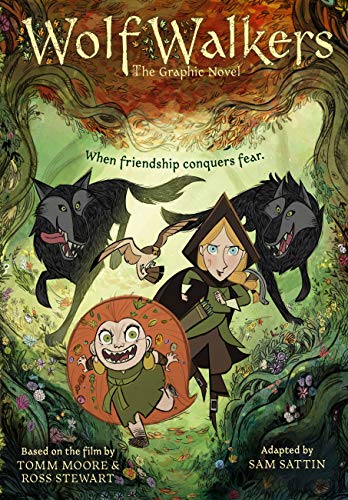 “Wolfwalkers” graphic novel cover featuring a girl, wolves, and a bird in a forest.