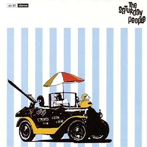 "Album cover featuring a cartoon ice cream truck with umbrella, on striped background."