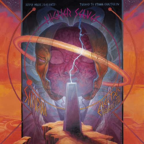 Album cover with a stone monolith, a large face, and swirling orange energy.