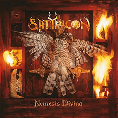 CD cover: bird of prey with spread wings against a fiery, wooden background.