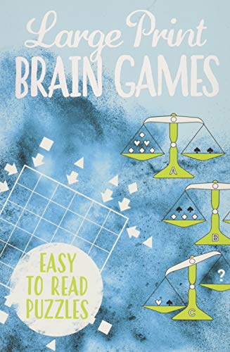 Book cover with “Large Print Brain Games” title and puzzle illustrations.
