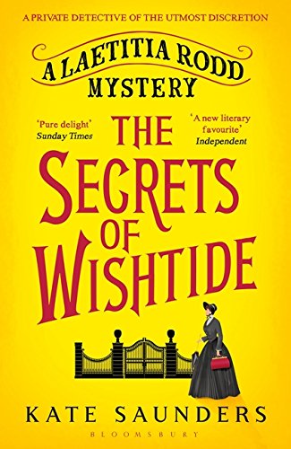 Book cover for The Secrets of Wishtide featuring a woman in Victorian dress by gates.
