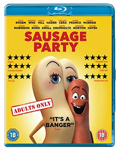 “Sausage Party” Blu-ray cover with cartoon sausages and adult content warning.