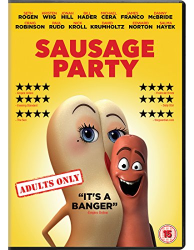 DVD cover for Sausage Party featuring a cartoon sausage and bun on yellow background.