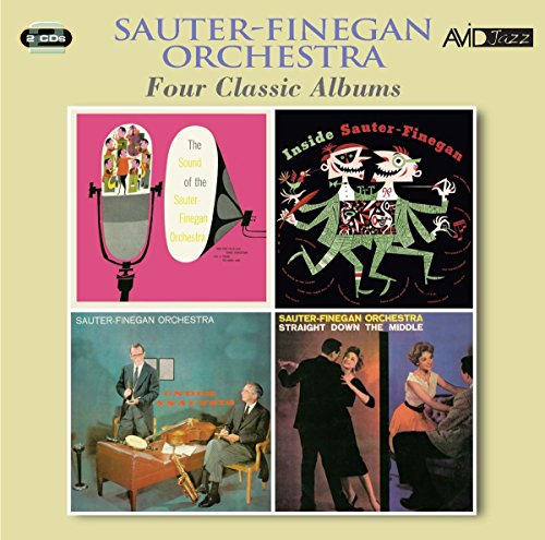 "CD cover with four album artworks, pale yellow background, Sauter-Finegan Orchestra branding."