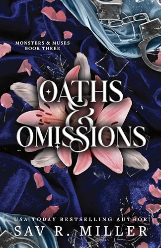 Book cover with lilies, handcuffs, and shattered glass on dark velvet.