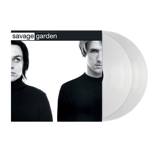Savage Garden self-titled album cover with two white vinyl records on a white background.