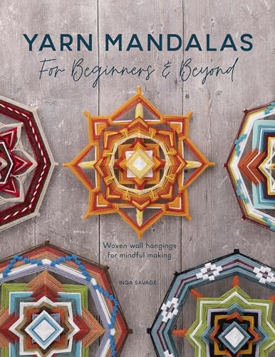 Book cover featuring four colorful, geometric woven yarn mandalas against a grey wooden background.