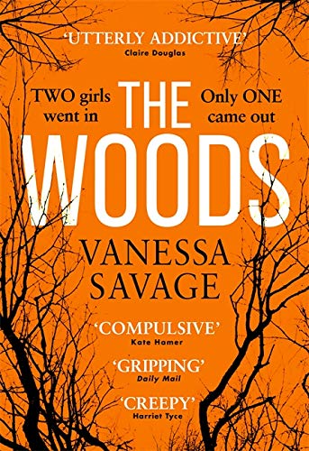 Book cover for “The Woods” with orange background and bare tree branches.
