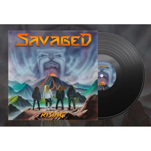 Savaged "Rising" vinyl record with cover art of figures and a face.