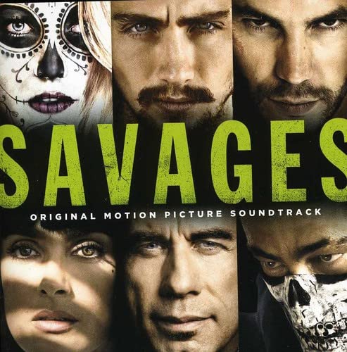 Savages" soundtrack CD cover featuring close-up portraits of actors and skull imagery.