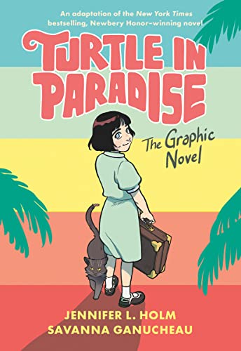 Girl with suitcase and cat, cover of “Turtle in Paradise” graphic novel.