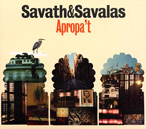 CD cover for Savath & Savalas’ “Apropa’t” with a heron and cityscapes.