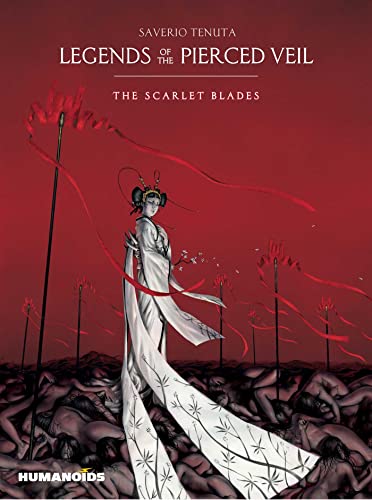 Book cover: woman in white dress amidst red blades and figures.