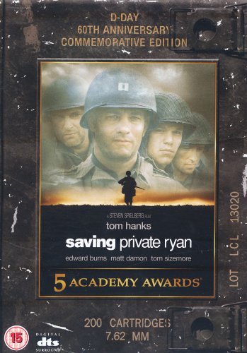 DVD cover for “Saving Private Ryan” featuring soldiers and Tom Hanks.