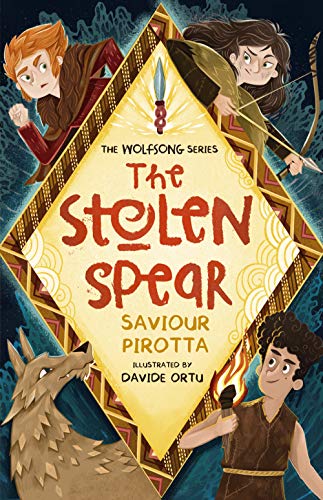 Book cover featuring a central diamond shape with characters, a wolf, and a spear.