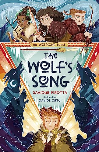 Book cover illustration featuring three young warriors above a boy holding a bird skull.