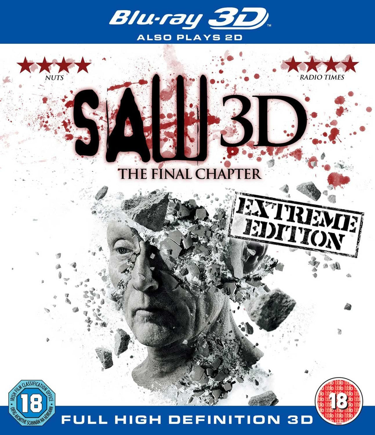 Blu-ray cover for Saw 3D featuring a crumbling stone face and blood splatters.